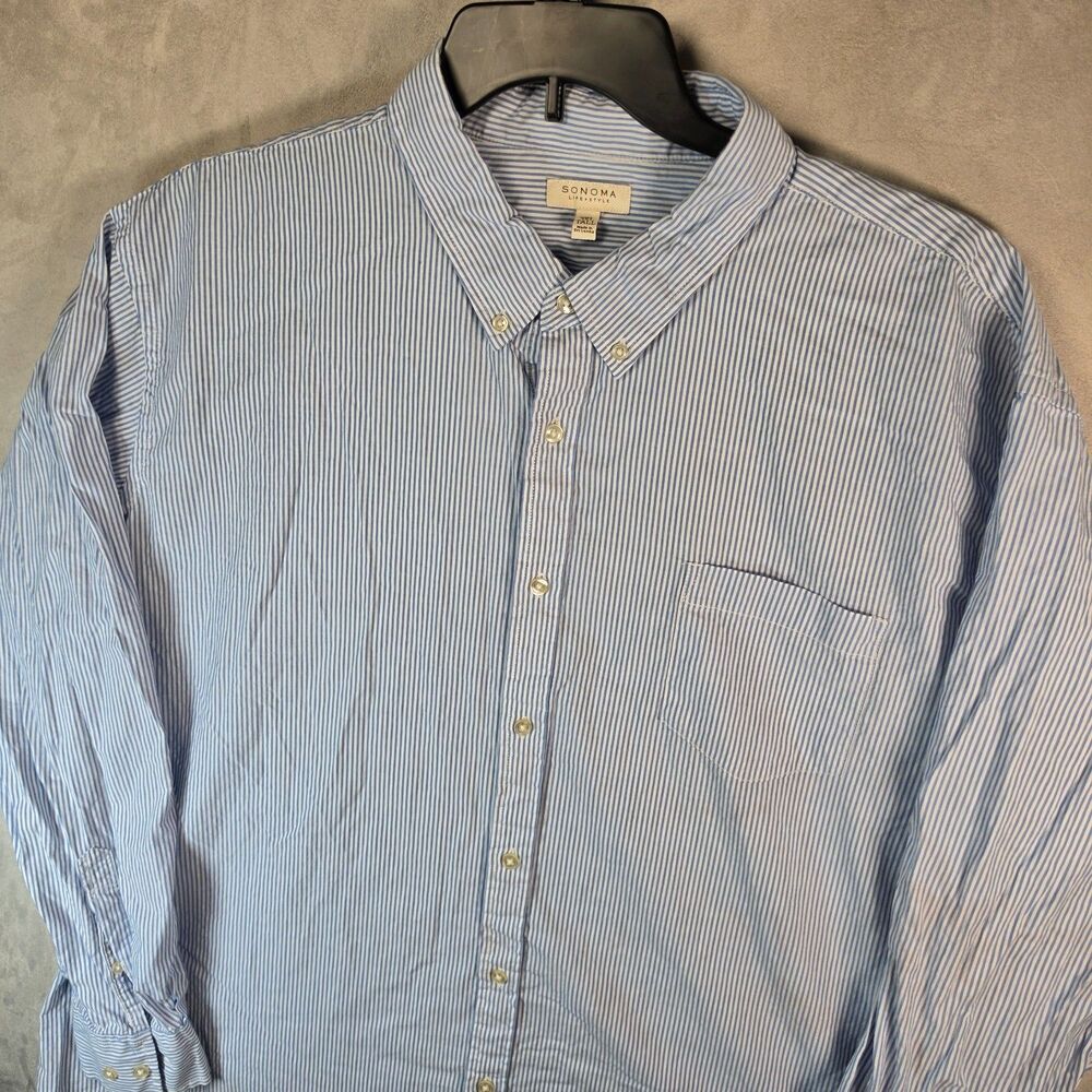 Sonoma Goods For Life Men's Large Blue White Vertical Striped Long Sleeve Button